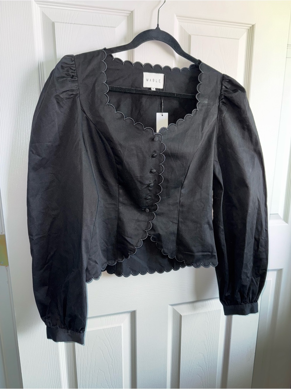 Mable Black Scalloped Puff-Sleeve Blouse